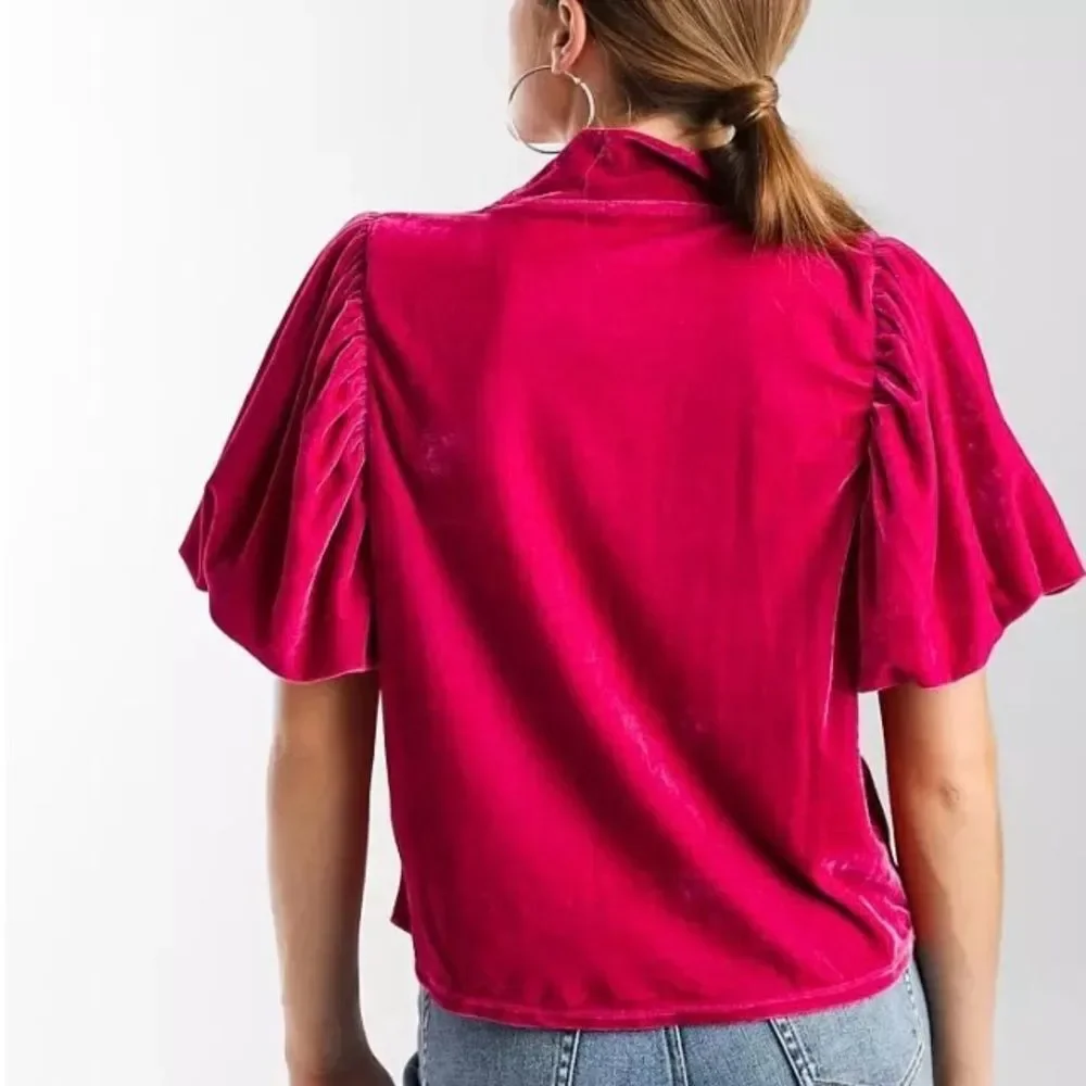 Free People Pink Fuchsia Puff Sleeve Blouse with Mandarin Collar